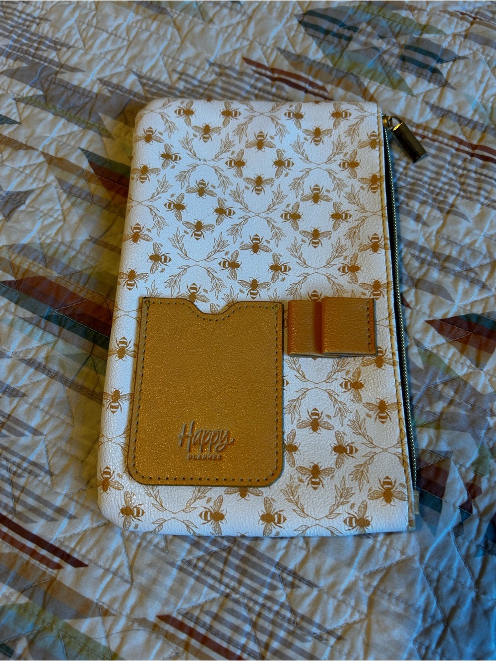 Happy Planner White Tablet Folio with Gold Bee Pattern and Pocket